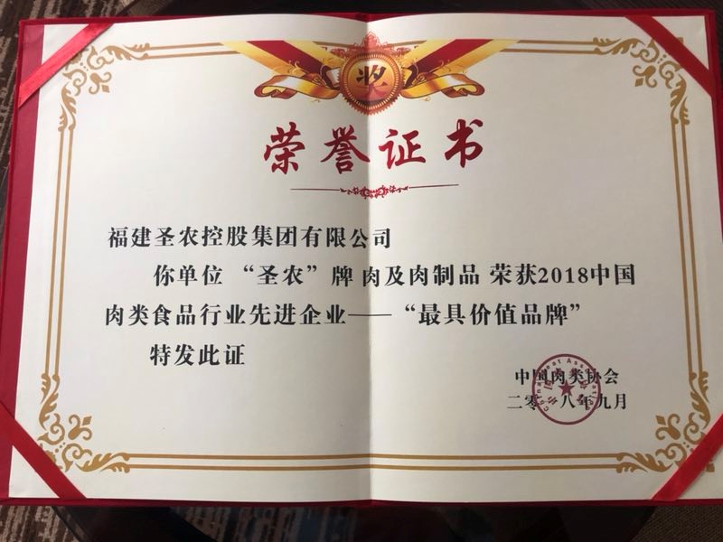 2018（大发welcome集团）中国肉类食品行业先进企业——最具价值品牌